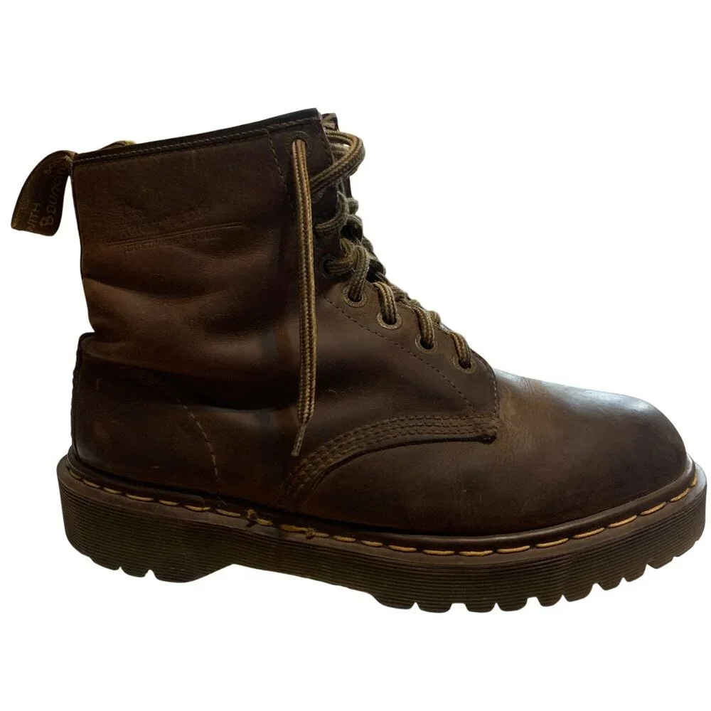 90s Dr.‎ Martens Mens 12 Boots Made In England Brown Lace-Up Inscribed 8 Eyelets
